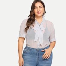 Shein Plus Tied Neck Button Up Sheer Shirt