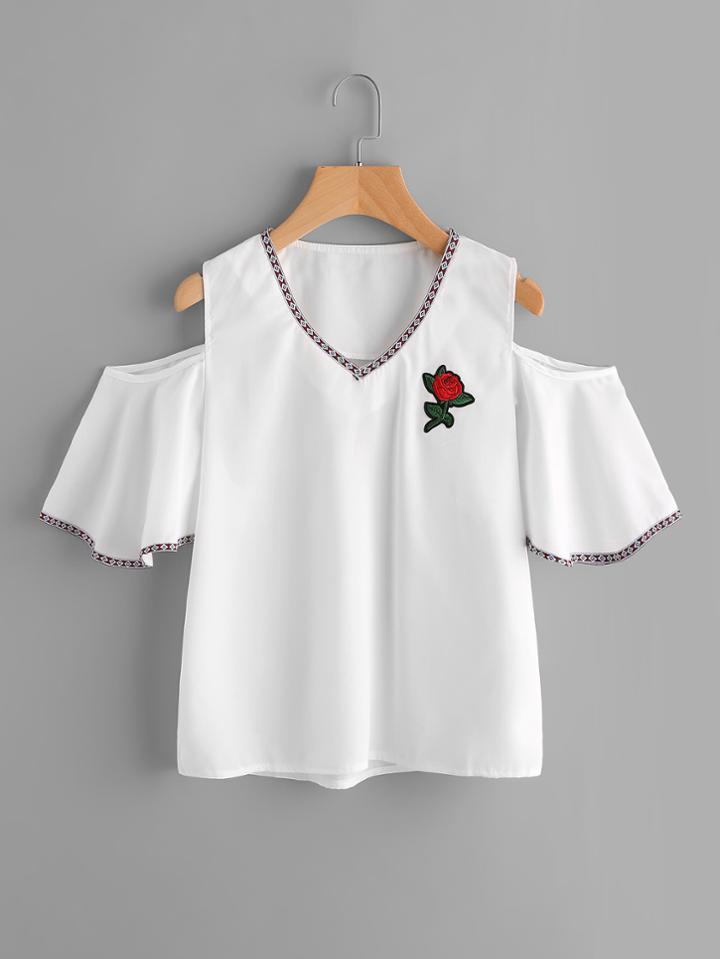 Shein Embroidered Tape Detail Applique Open Shoulder Top