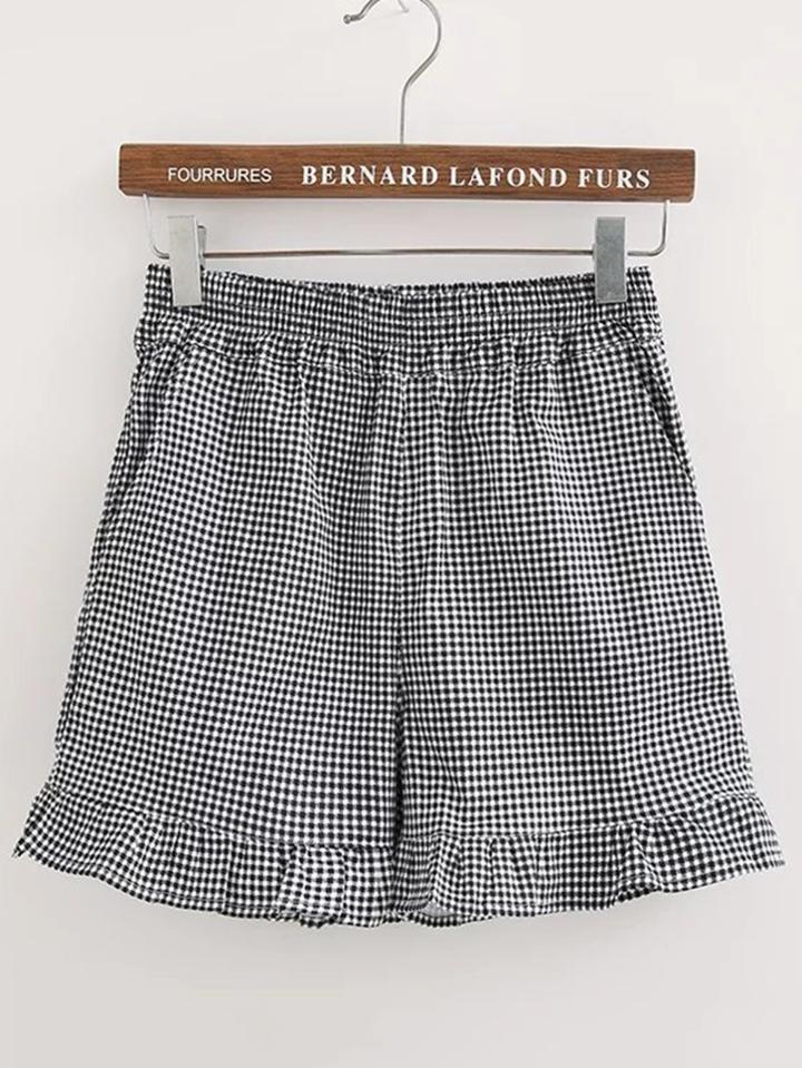 Shein Elastic Waist Checkered Ruffle Hem Shorts