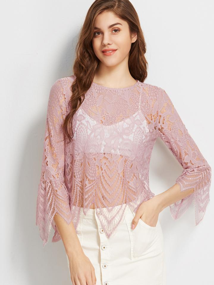 Shein Bell Sleeve Hollow Out Embroidered Lace Top