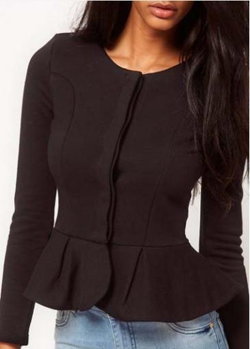 Rosewe Unicolor Frill Design Round Neck Black Suits For Ol