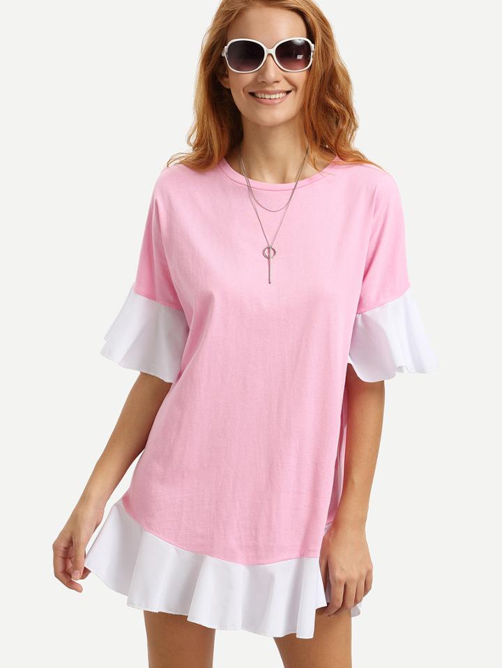 Shein Ruffled Contrast Trim Pink Dress
