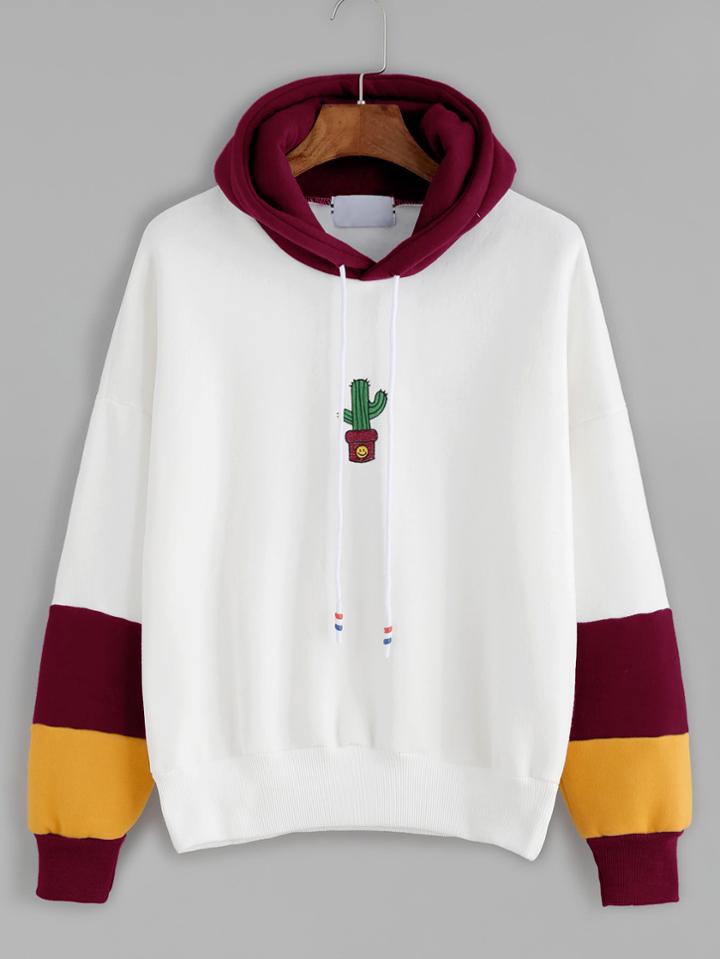Shein Hooded Drawstring Cactus Embroidered Contrast Sleeve Sweatshirt