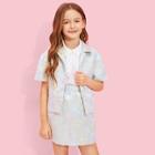 Shein Girls Button Front Collar Jacquard Top & Skirt Set