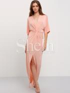 Shein Light Pink Half Sleeve Knot Split Maxi Dress