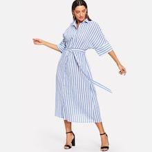 Shein Waist Belted Collar Neck Striped Dress
