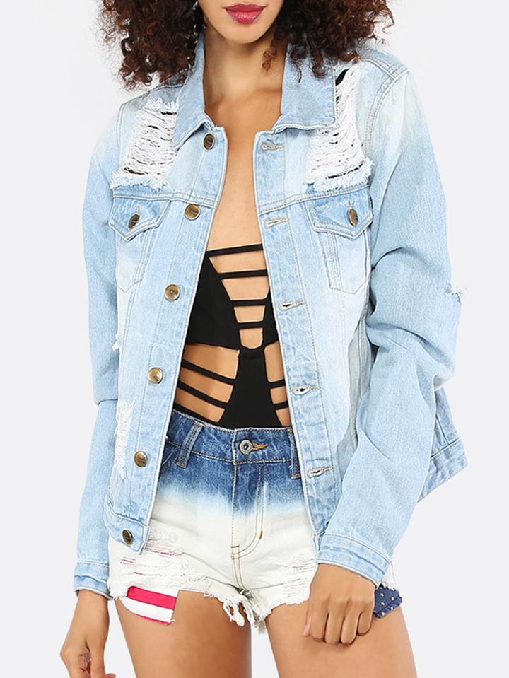 Shein Light Blue Ripped Long Sleeve Denim Jacket