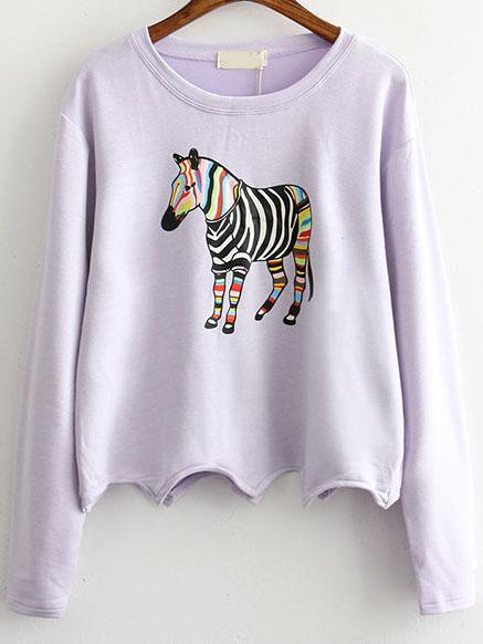 Shein Purple Zebra Print Scalloped Hem Sweatshirt