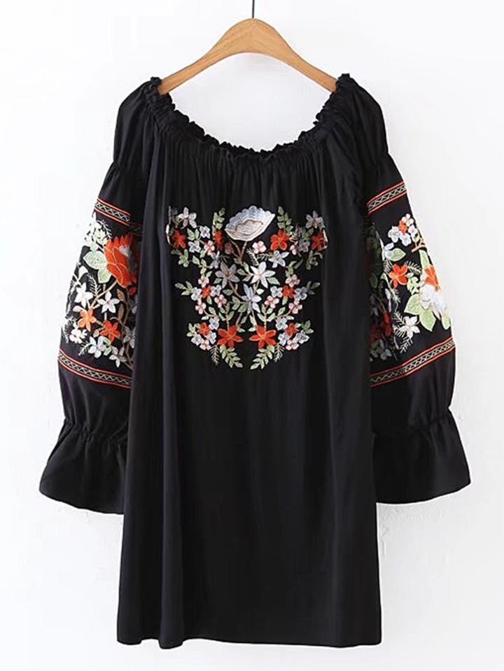 Shein Boat Neckline Lantern Sleeve Embroidered Dress