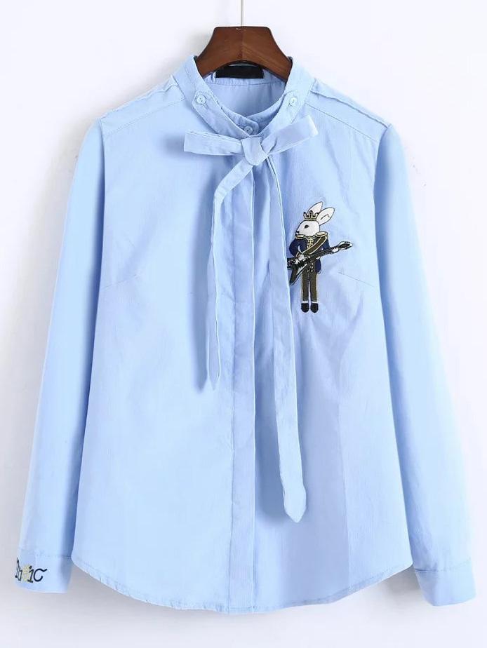 Shein Blue Bow Tie Neck Embroidered Corduroy Shirt