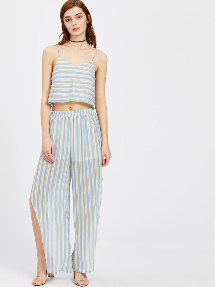 Shein Striped Crop Cami Top With Split Wrap Pants