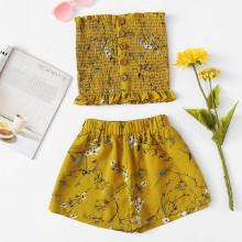 Shein Frill Hem Floral Pleated Tube Top With Shorts