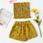Shein Frill Hem Floral Pleated Tube Top With Shorts
