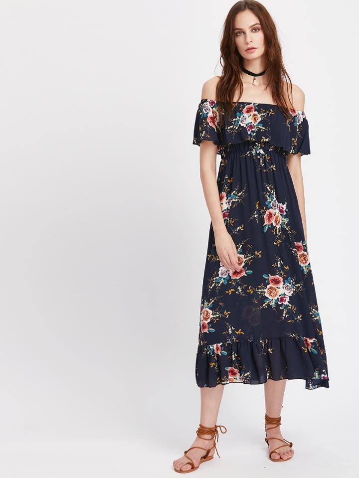 Shein Flounce Layered Neckline Floral Print Dress