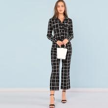 Shein Button Front Drawstring Plaid Jumpsuit