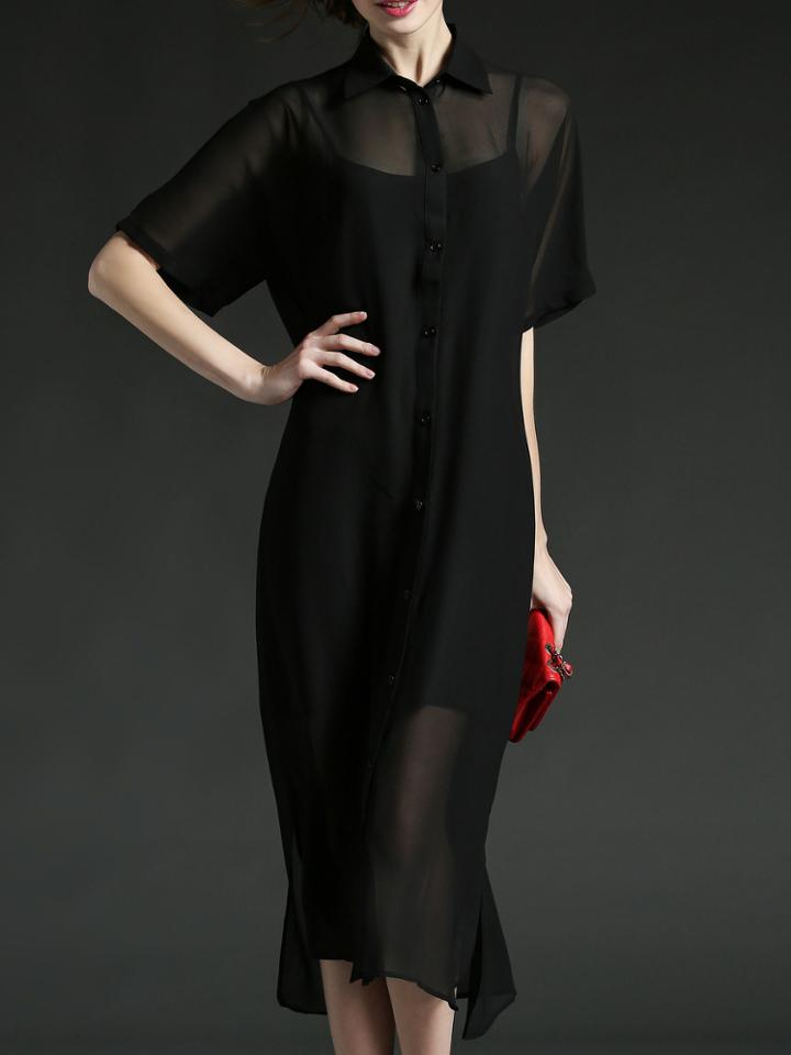 Shein Black Lapel Split Tie-waist Chiffon Dress