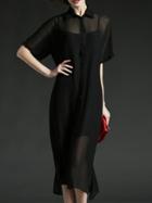 Shein Black Lapel Split Tie-waist Chiffon Dress