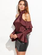 Shein Burgundy Cold Shoulder Bell Sleeve Zipper Back Ruffle Top