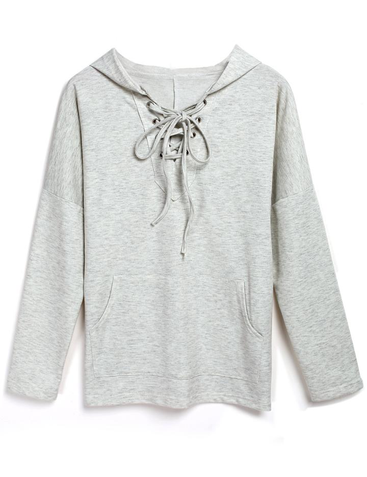 Shein Grey Hooded Lace Up Loose Sweatshirt