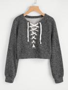 Shein Grommet Lace Up Marled Knit Crop Sweatshirt