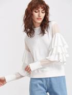 Shein White Layered Ruffle Trim Mesh Sleeve Sweatshirt
