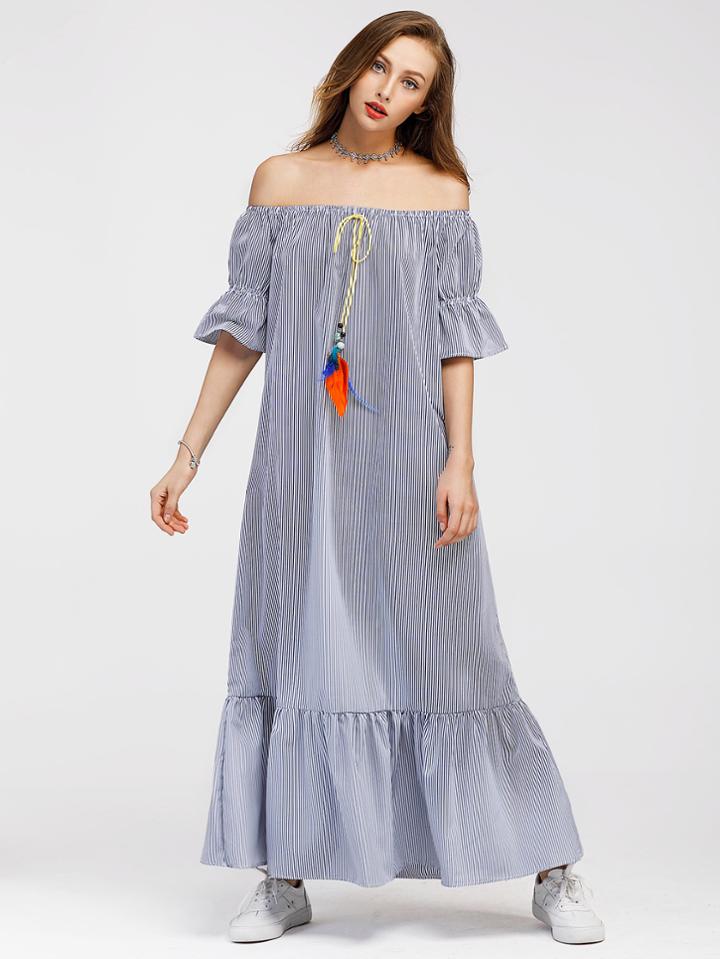 Shein Bardot Frill Trim Tie Detail Pinstriped Dress