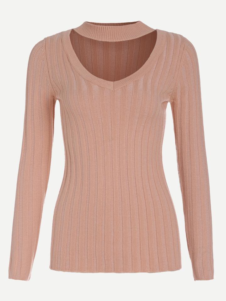 Shein Pink Cutout Choker Slim Fit Ribbed Sweater
