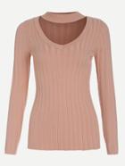 Shein Pink Cutout Choker Slim Fit Ribbed Sweater