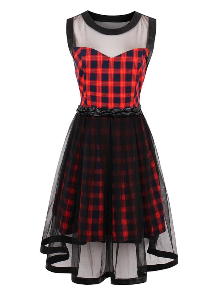 Shein Contrast Mesh Tartan Plaid Dress