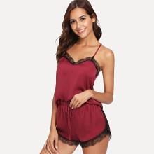 Shein Eyelash Lace Insert Cami Top & Shorts Pj Set