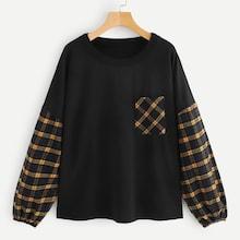 Shein Plus Plaid Pocket Detail Bishop Sleeve Sweatshirt
