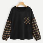 Shein Plus Plaid Pocket Detail Bishop Sleeve Sweatshirt