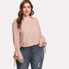 Shein Plus Bow Tie Trumpet Sleeve Pearl Beading Top