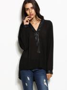 Shein Black Contrast V Neck High Low Blouse