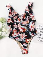 Shein Floral Print Lattice Front Flounce Swimsuit