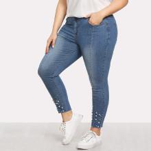 Shein Plus Pearl Beaded Raw Hem Jeans