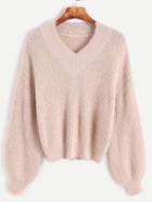 Shein Pink V Neck Drop Shoulder Fuzzy Sweater