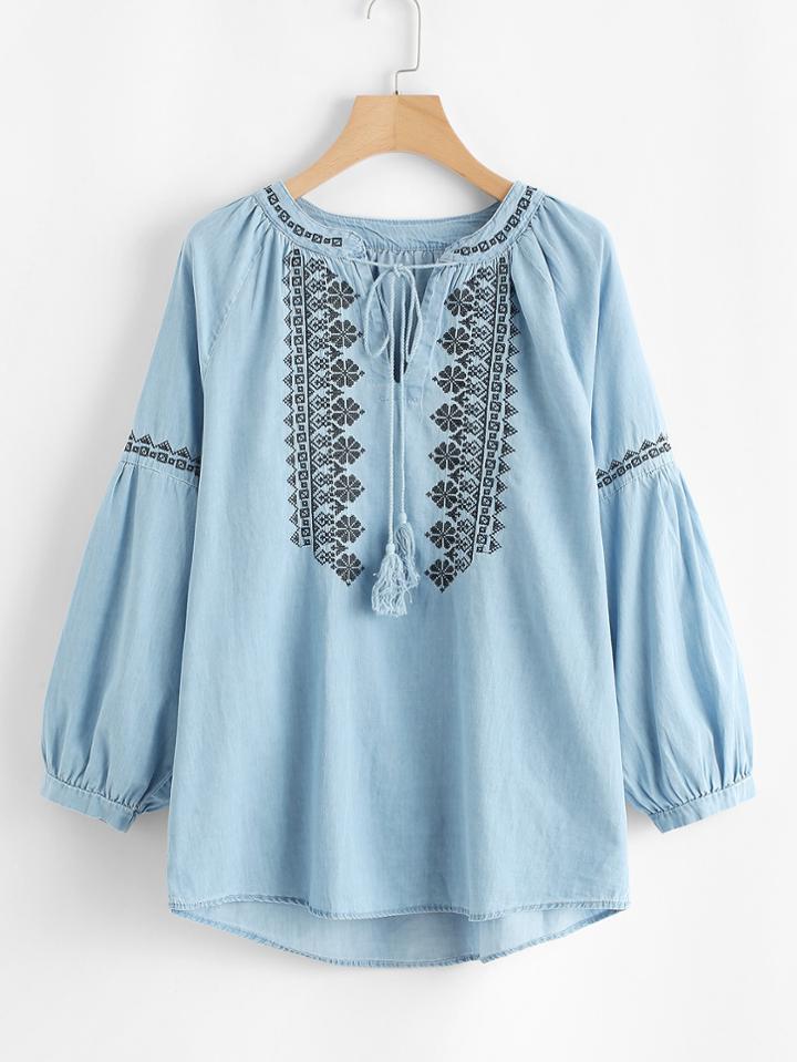 Shein Tie Neck Raglan Sleeve Denim Blouse