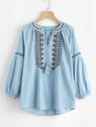 Shein Tie Neck Raglan Sleeve Denim Blouse