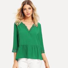 Shein Lace Trim Button Up Ruffle Blouse