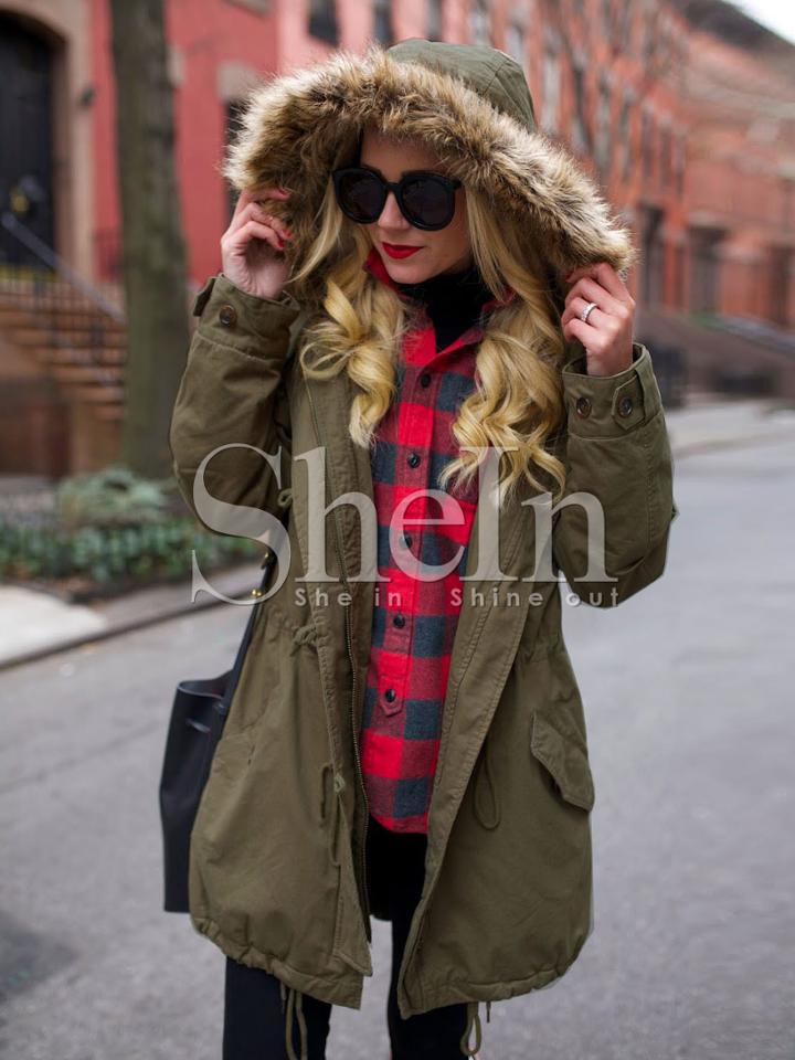 Shein Army Green Hooded Long Sleeve Coat