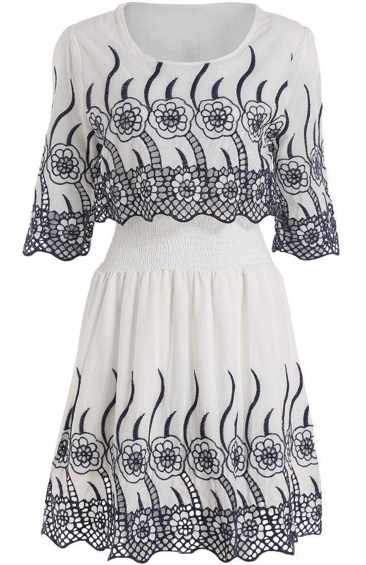 Shein White Round Neck Half Sleeve Embroidered Dress