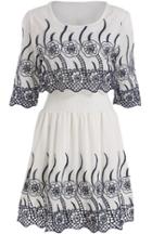Shein White Round Neck Half Sleeve Embroidered Dress