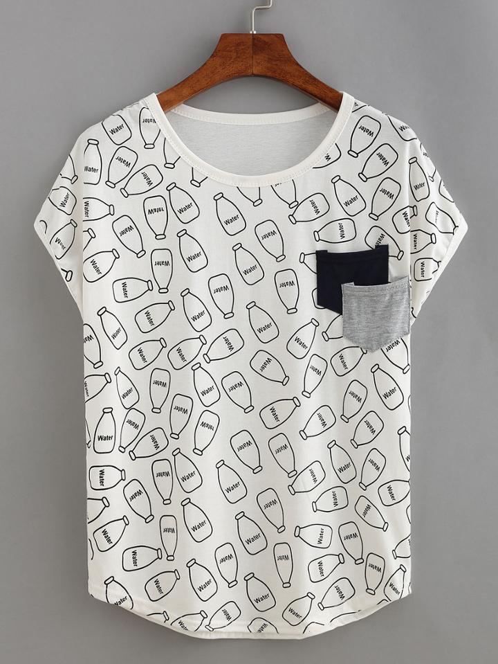 Shein Bottle Print Dual Pocket T-shirt