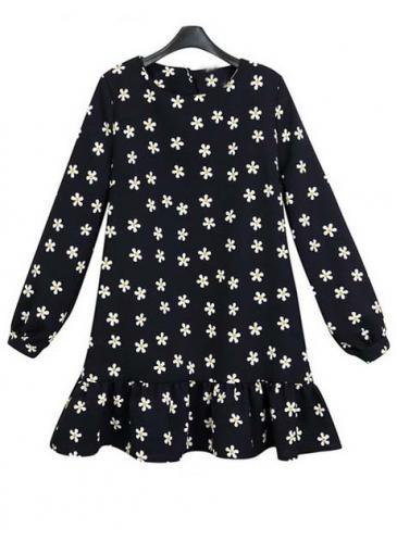 Rosewe Romantic Navy Long Sleeve Flower Print Mini Dress
