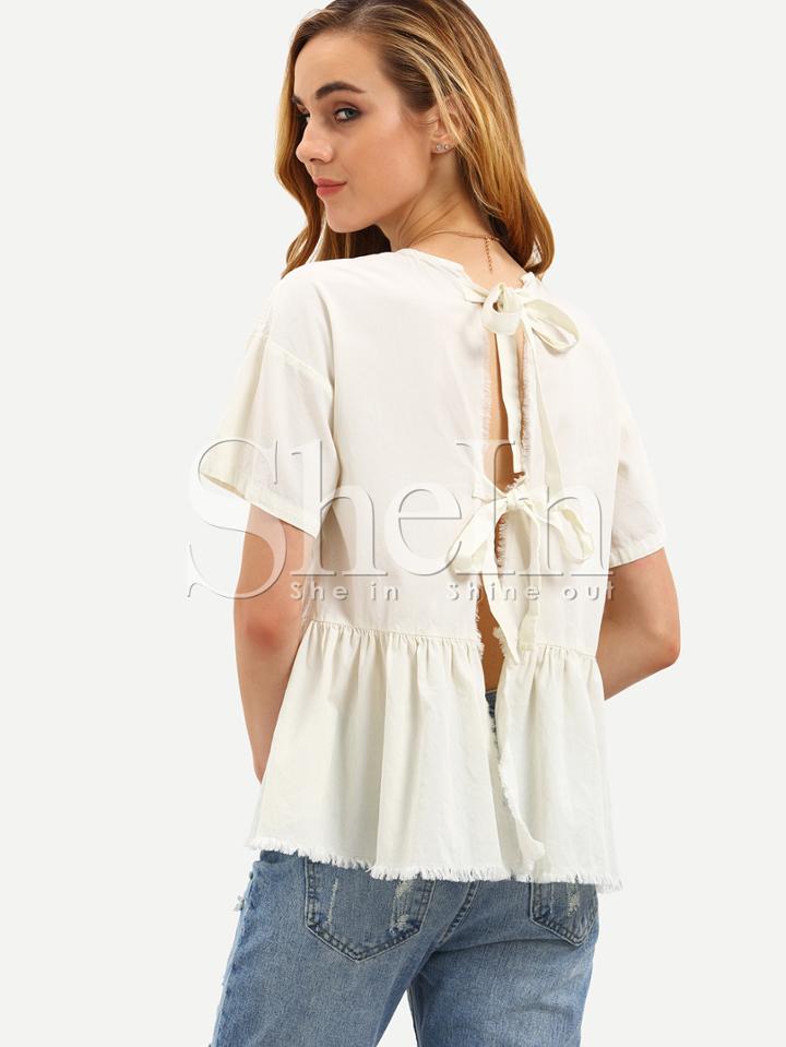 Shein Beige Short Sleeve Tie Back Pleated Blouse