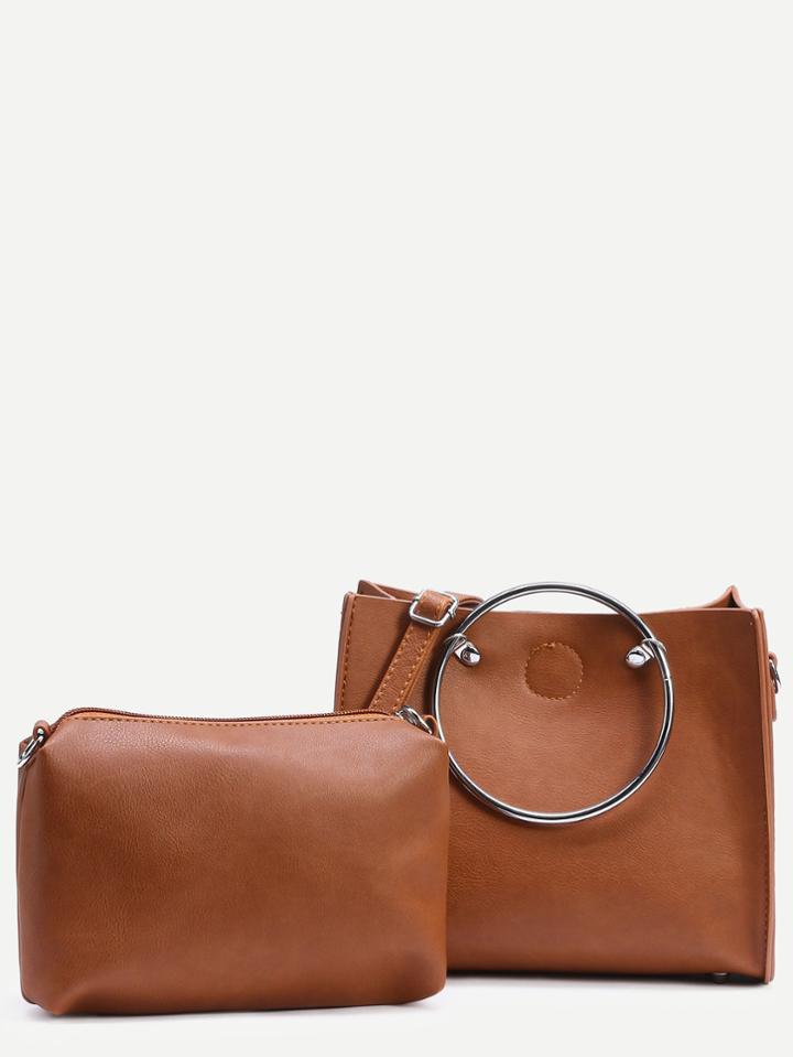 Shein Brown Ring Handle Satchel Bag With Make Up Bag
