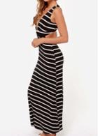 Rosewe Pretty V Neck Sleeveless Striped Dress With Cutout Design