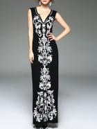 Shein Black V Neck Embroidered Beading Maxi Dress
