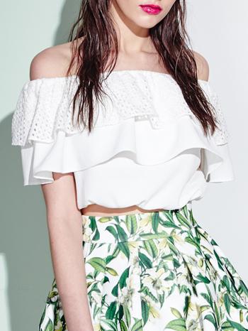 Shein White Boat Neck Ruffle Hollow Blouse